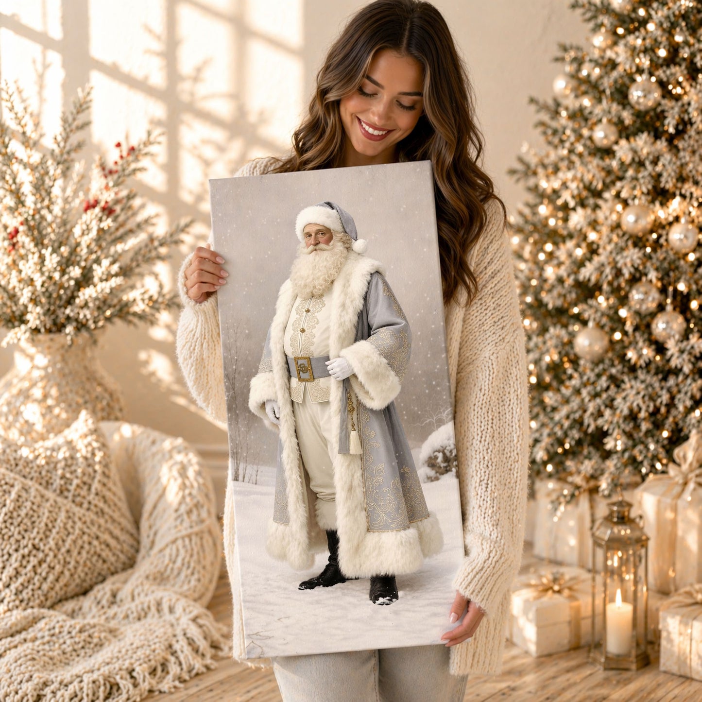 Thin Canvas: Vintage Winter Santa | Father Christmas Canvas | Christmas Santa Art | Elegant Neutral Christmas Wall Art