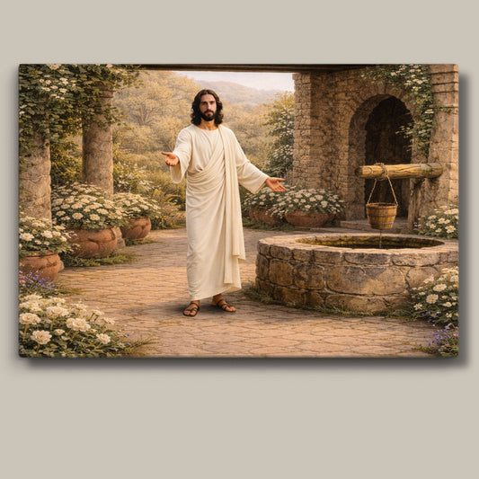 Canvas: Redeemer at the Well | Jesus at the Well | Come Unto Him | Modern Christian Art | Lamb of God art | Jesus in Jerusalem