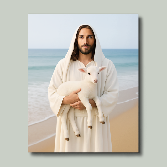 Metal Print: Behold the Lamb | Jesus and Lamb Print | Jesus Holding Lamb Art | Modern Christian Art | Lamb of God art | Jesus Shepherd