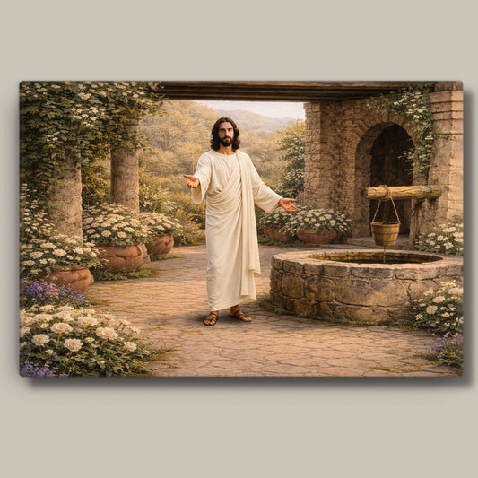 Thin Canvas: Redeemer at the Well | Jesus at the Well | Come Unto Him | Modern Christian Art | Lamb of God art | Jesus in Jerusalem