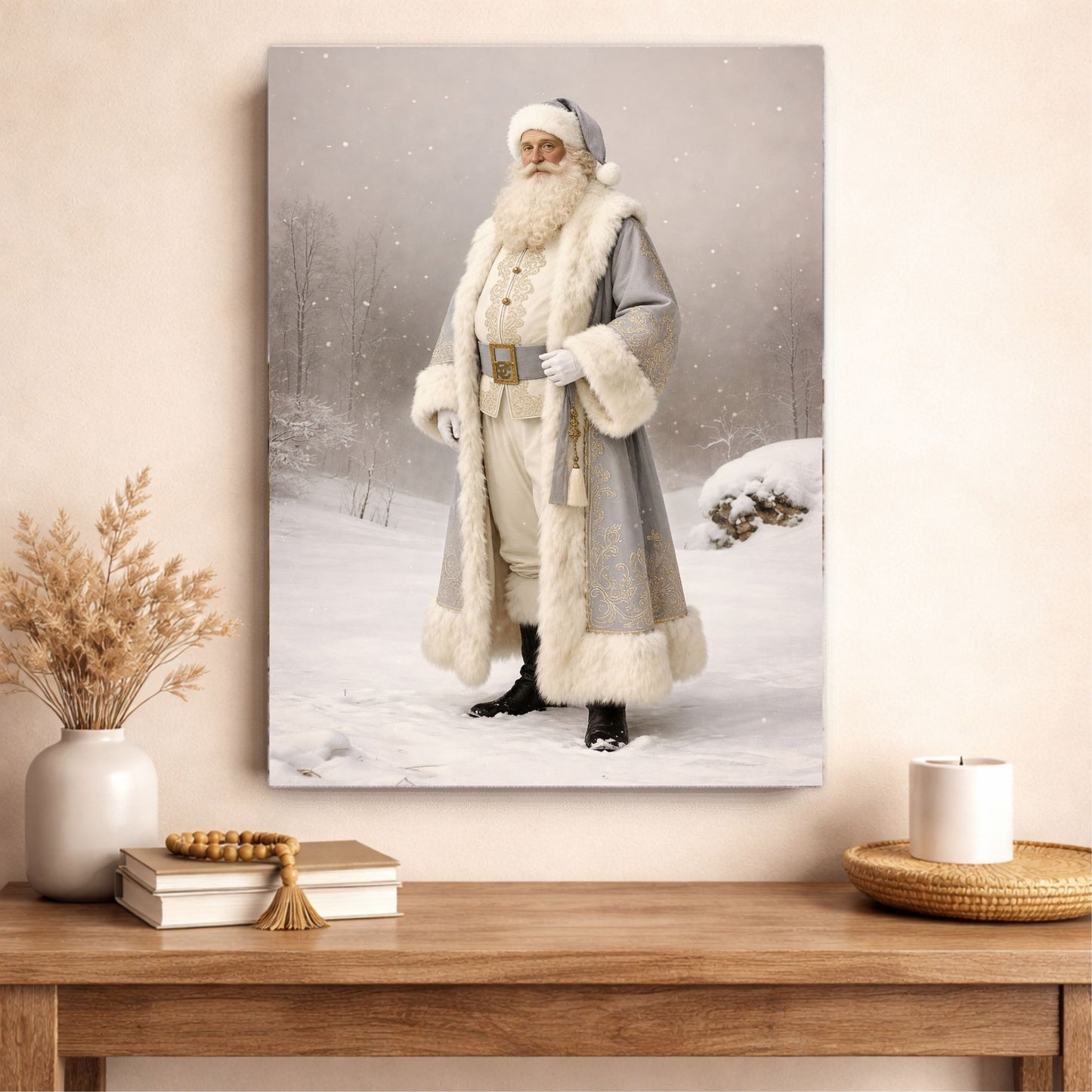 Canvas: Vintage Winter Santa | Father Christmas Canvas | Christmas Santa Art | Elegant Neutral Christmas Wall Art