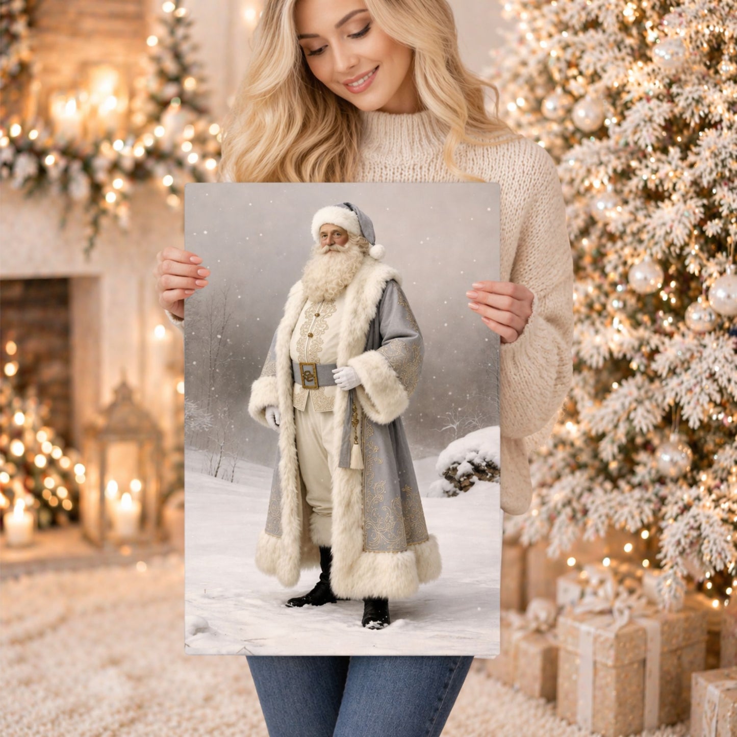 Canvas: Vintage Winter Santa | Father Christmas Canvas | Christmas Santa Art | Elegant Neutral Christmas Wall Art