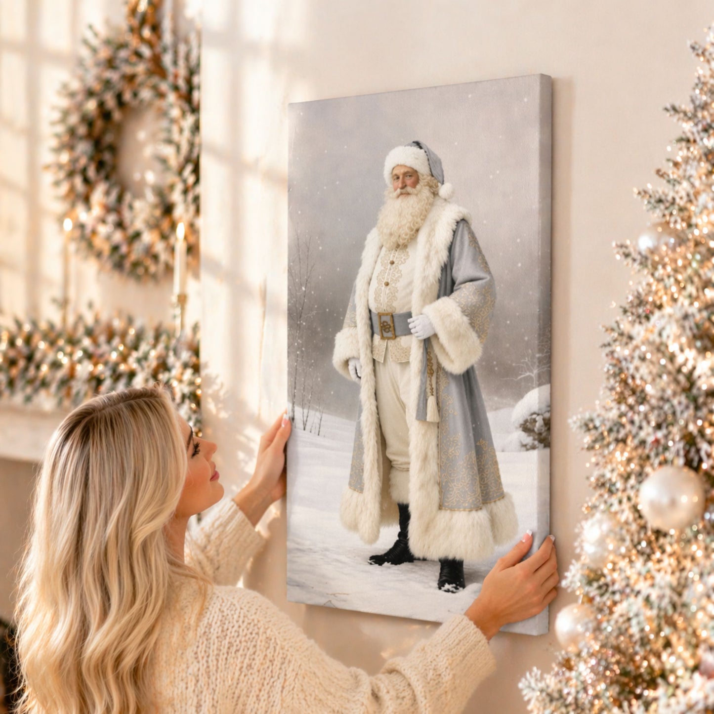 Canvas: Vintage Winter Santa | Father Christmas Canvas | Christmas Santa Art | Elegant Neutral Christmas Wall Art