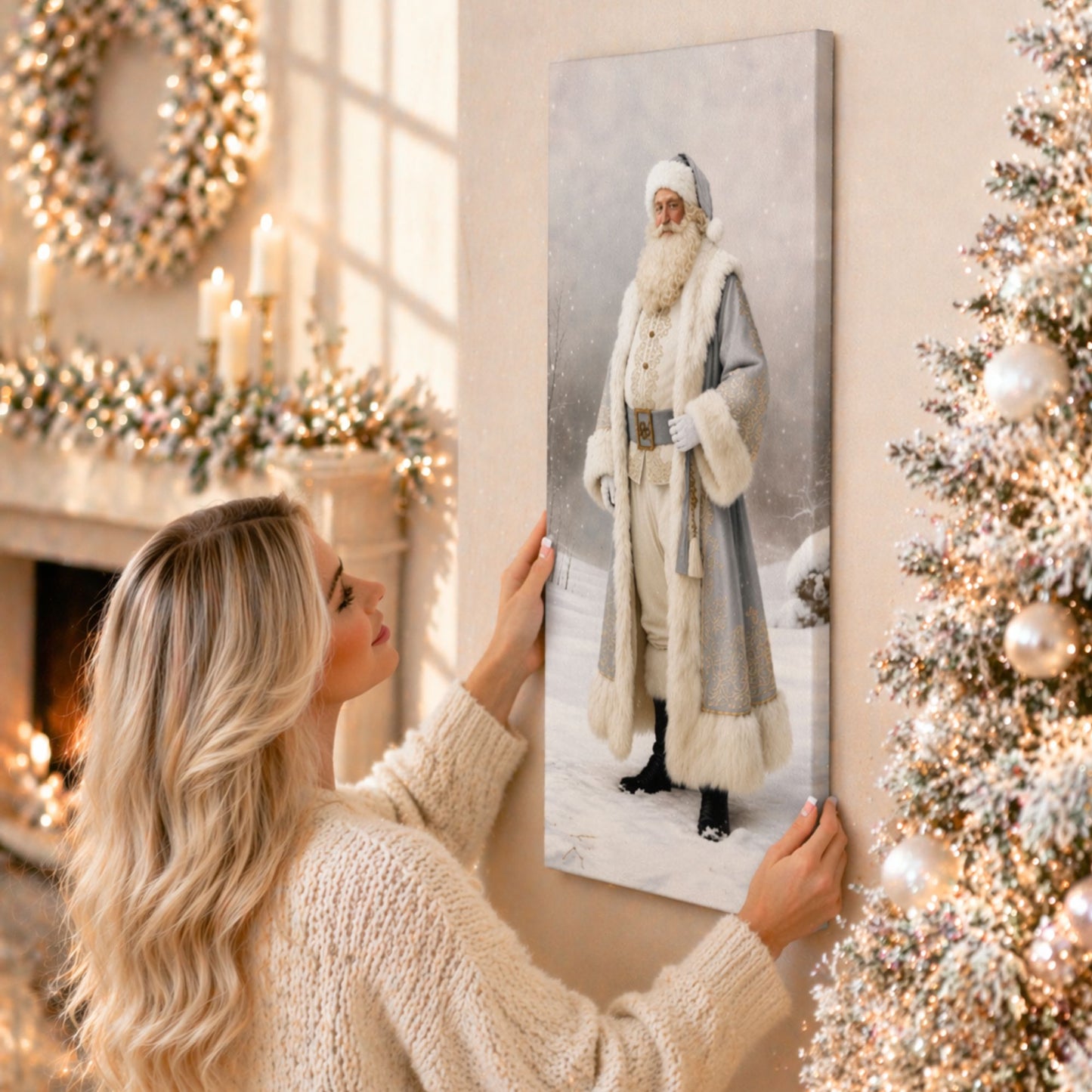 Thin Canvas: Vintage Winter Santa | Father Christmas Canvas | Christmas Santa Art | Elegant Neutral Christmas Wall Art
