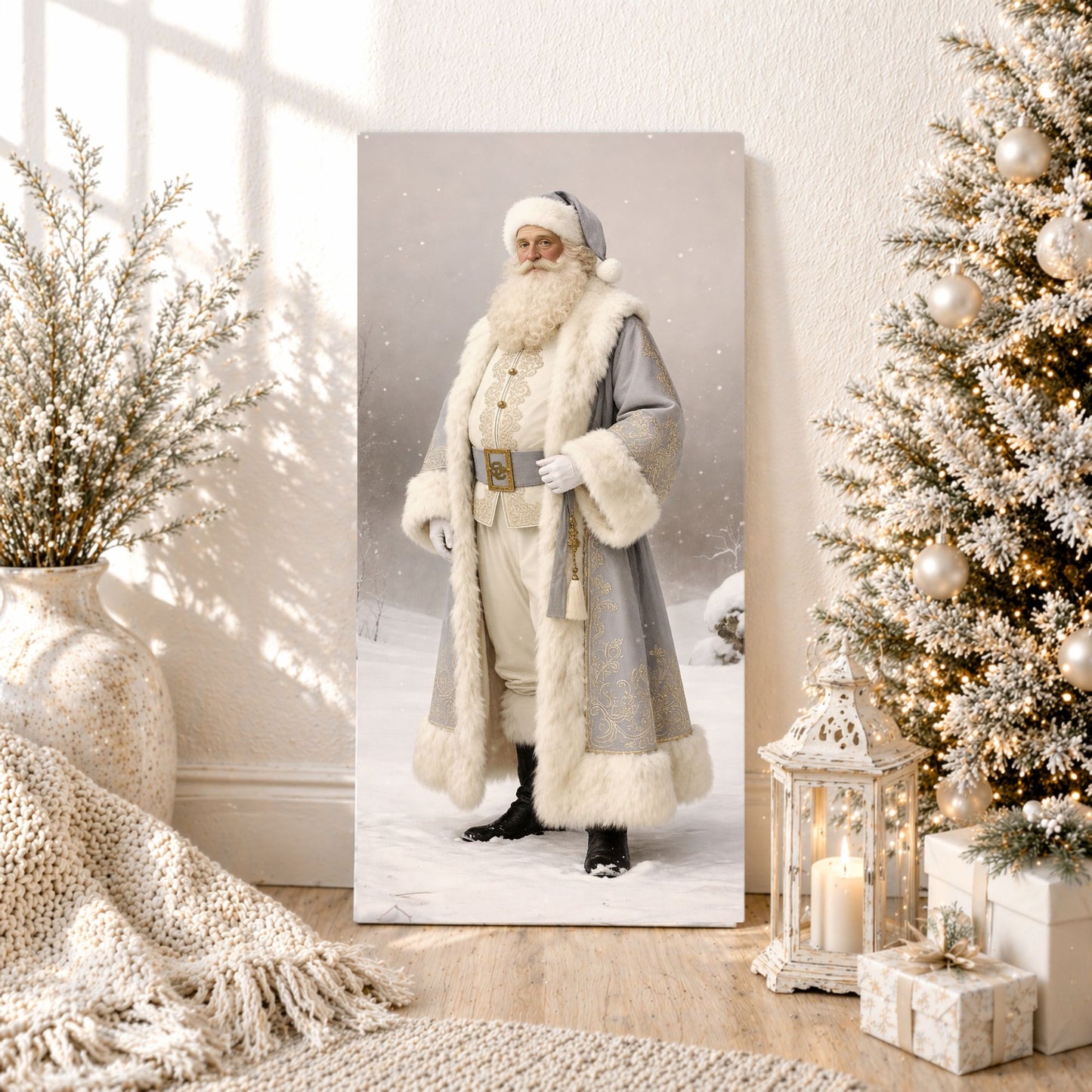 Thin Canvas: Vintage Winter Santa | Father Christmas Canvas | Christmas Santa Art | Elegant Neutral Christmas Wall Art